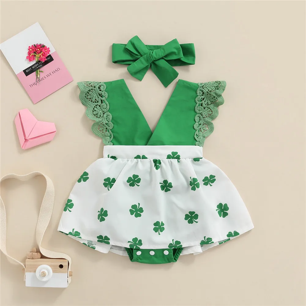 

Baby Girl St. Patrick's Day Clothes Shamrock Clover Print Bodysuit Romper Dress Headband 0-18M Newborn Toddler Festival Outfits