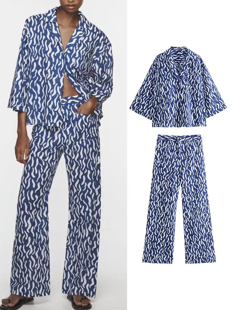 

TRAF Fashion Women Printed Blouse Pant Sets 2023 Summer Female Casual Notched Loose Shirt Tops+Zipper Straight Long Pant