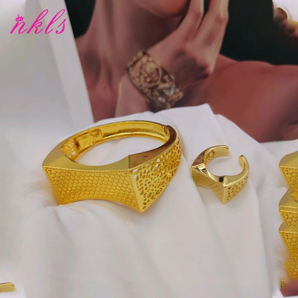 Дубайский позолоченный полый дизайн браслет и кольцо трендовый комплект