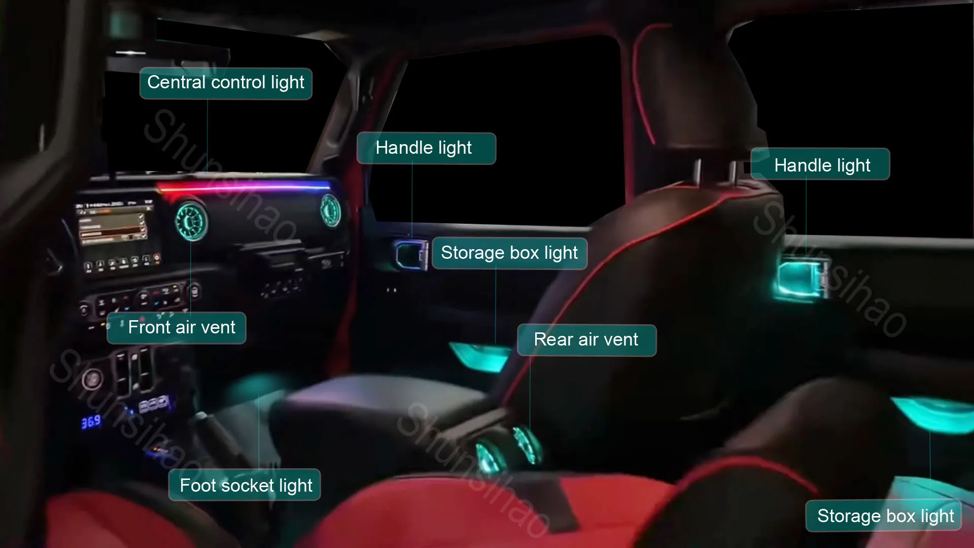 Фото Shunsihao окружающий свет для Jeep Wrangler JL Gladiator 2018-2023, вентиляционные отверстия, светодиодная подсветка, атмосферная лампа, воздуховыпускное отверстие Magic 256 №3