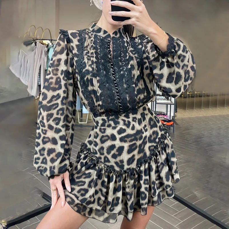 

Vintage Leopard Print Skirt Suit 2022 Summer Lantern Sleeve Lace Trim Shirt + High Waist Chiffon Skirt Two Pieces Sets for Women