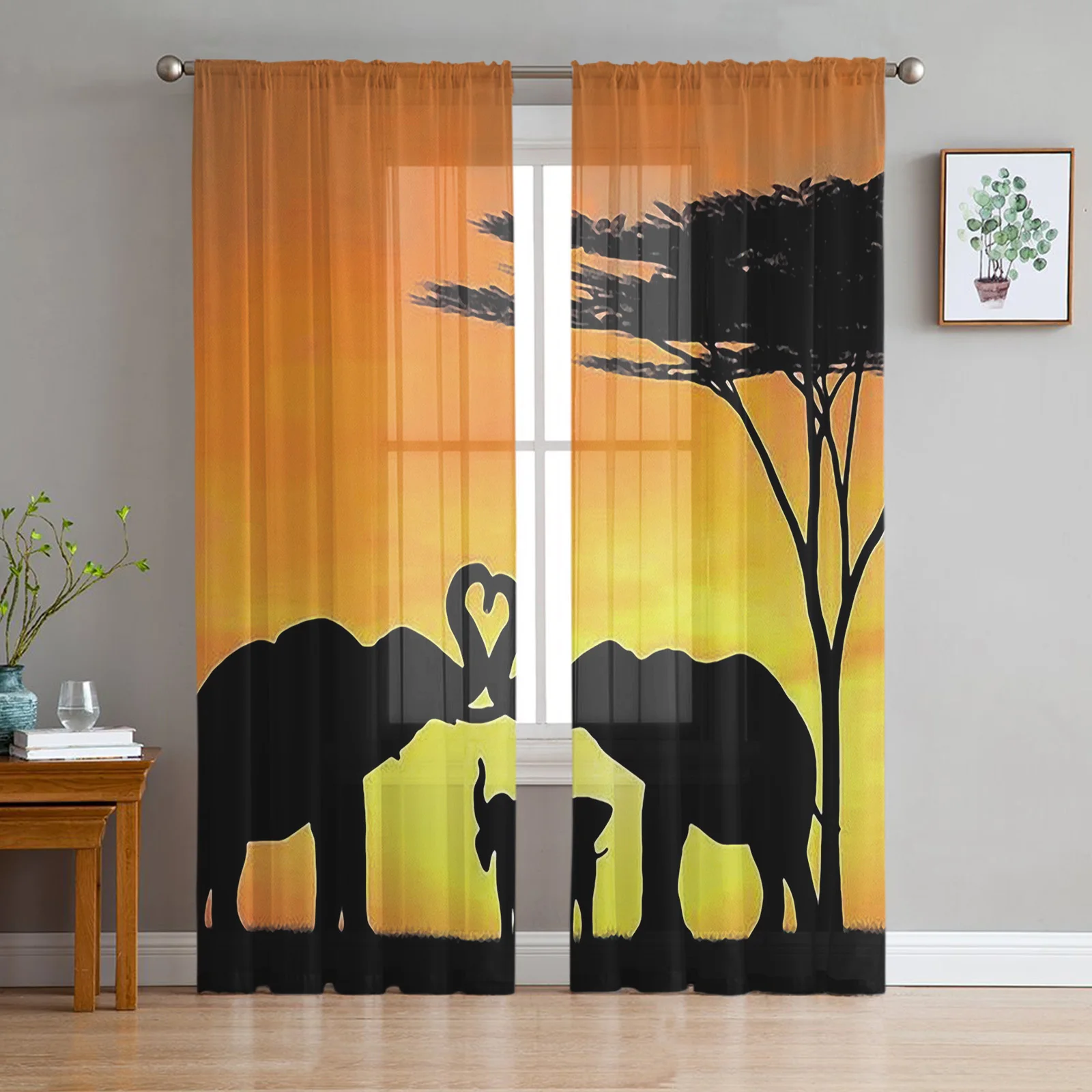 

African Elephant Silhouette Tulle Sheer Curtains for Living Room Decoration Drapes Bedroom Kitchen Voile Organza Window Curtain