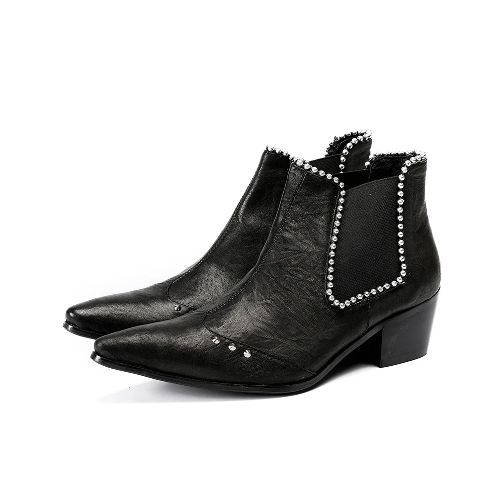 

Black Men Genuine Leather Stretch Fabric Slip-On High Heels Crystal Pointed Toe Ankle Boots Plus Size Party British Style Shoes