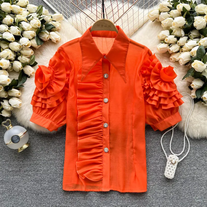 

Summer new Lapel single breasted Ruffle stitching loose short sleeve shirt blouse women Tops blusas mujer de moda 2022