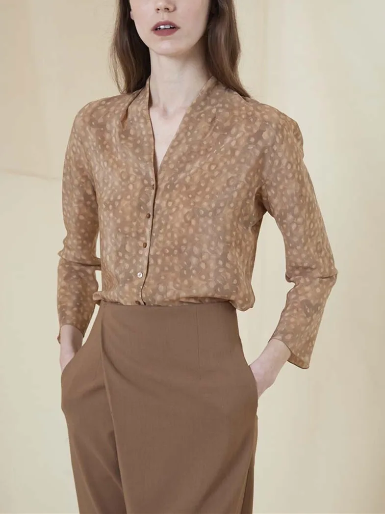 

Women Blouse Spotted Printed Single Breasted V-Neck Long Sleeve Elegant Shirt