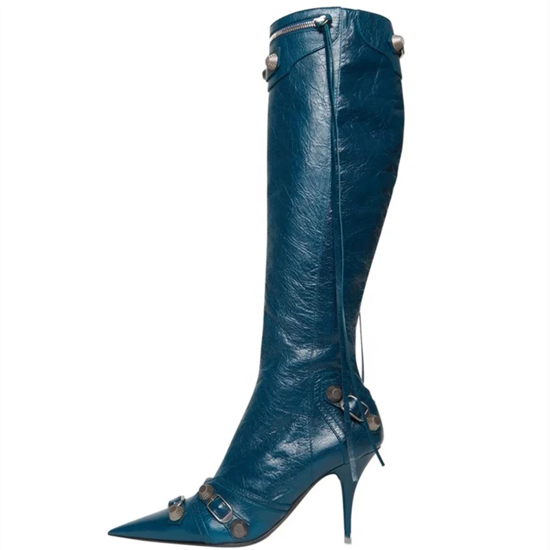 Fashion Design Boots Shoes Pointy Toe Rivets Buckle Knee High Boots High Heel for Women Zip Custom Shoes Size 43