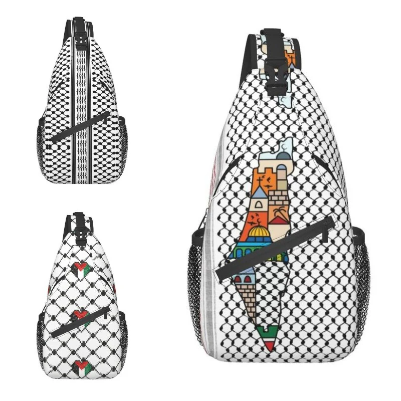 

Palestinian Map With Kufiya Hatta Pattern Sling Bag Men Sacred Jerusalem Shoulder Chest Crossbody Backpack Traveling Daypack