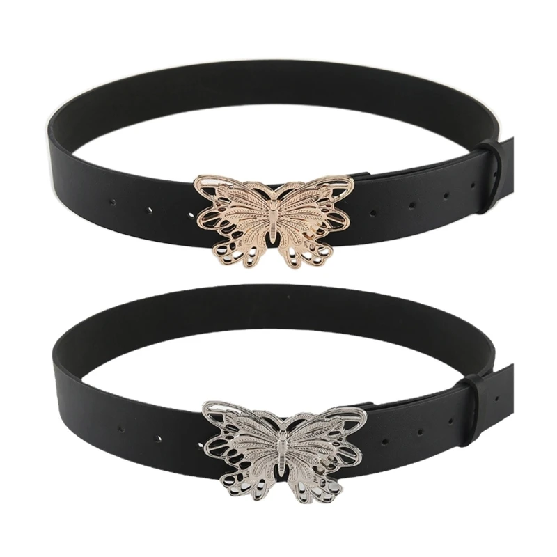 Womens Faux Leather Belt 1.5" Wide Waist Belt Butterflies Shape Metal Buckle