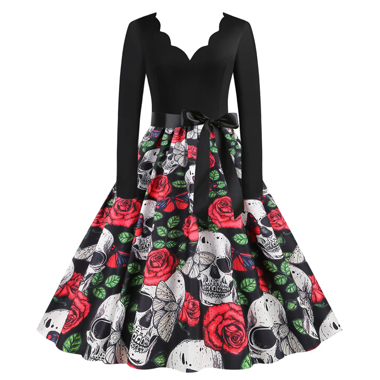 

Women Vintage Long Sleeve V Neck Halloween 1950s Housewife Evening Party Prom Party Beach Dress