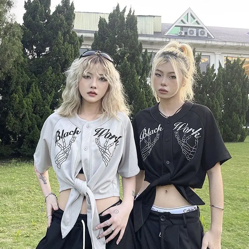 

American Vintage Embroidered Skull Baseball Collar Shirt European And Hot Girls Top Couple Short Sleeve Trend