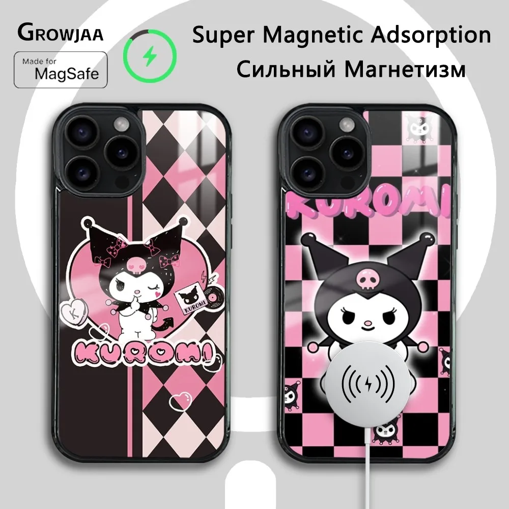 Чехол для телефона Kuromi Pink Check Magsafe iPhone 15 14 13 12 11 Pro Max Plus мини-зеркало беспроводная