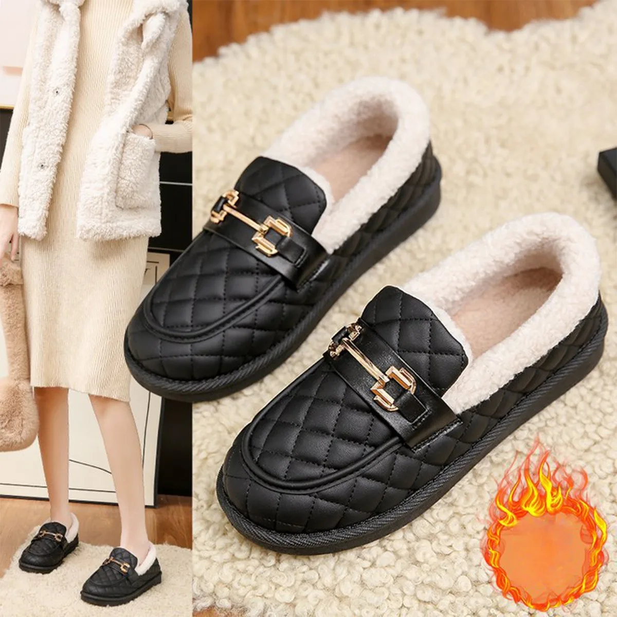 

Casual black women's shoes with velvet loafers Autumn and winter warm shoes women's cotton shoes soft sole soft surface