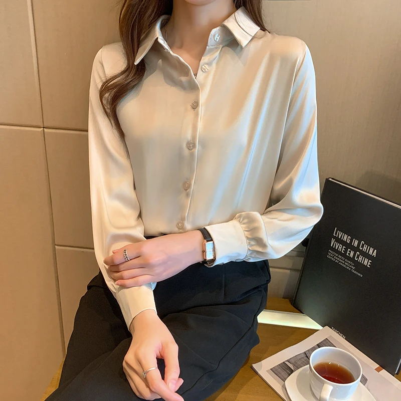Женская атласная блузка с длинным рукавом Однотонная рубашка лацканами в