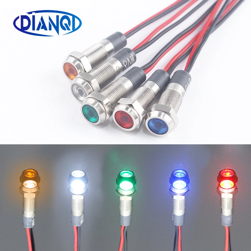 

Светодиодный металлическая сигнальная лампочка 6 мм Водонепроницаемая сигнальная лампа 6 в 12 В 24 В 220 В с проводом красный желтый синий зеленый белый 6ZSD. X