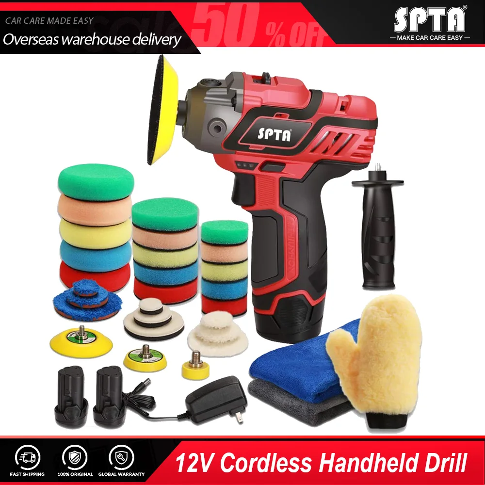 

SPTA 12V Cordless Car Polisher Tool Drill Polishing Machine Variable Speed Buffer Detialing Sanding Buffing Sponges Set