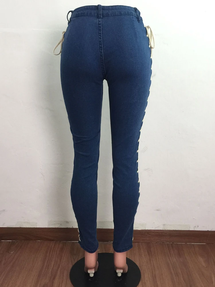 Sexy Bandage Denim Pencil Pants Women Side Lace Up Ripped Hollow Out Fashion Y2K Bottoms High Waist Jeans Long Trousers