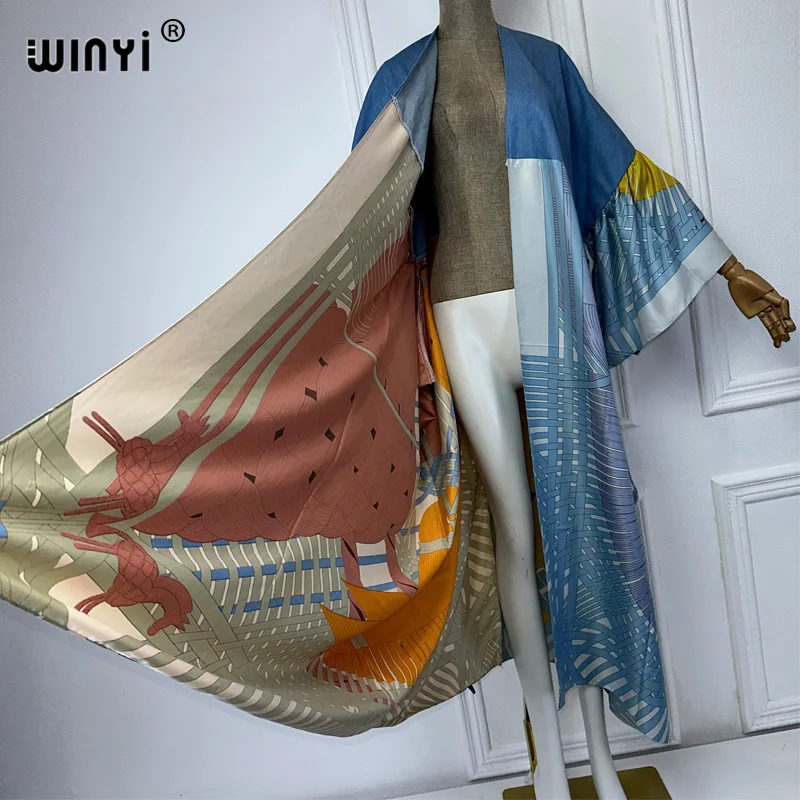 Женский джинсовый кардиган с принтом WINYI Элегантное Длинное Платье-кимоно в