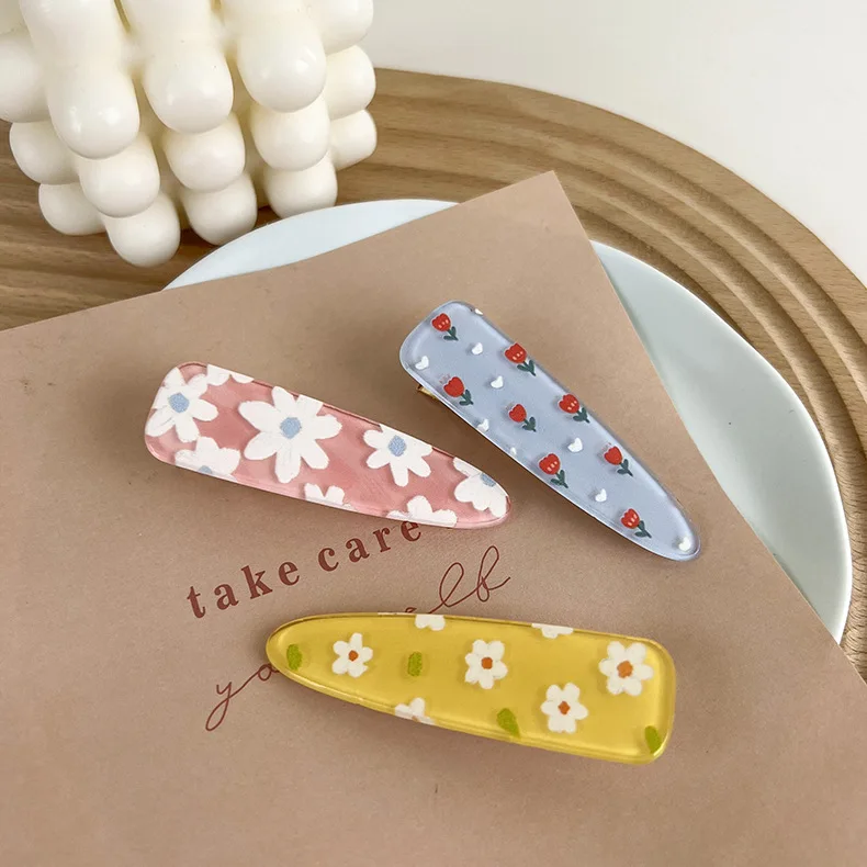 

2022 Korean Spring New Trendy Flower Print Hairpins For Girls Hair Accessories Waterdrop Acrylic Resin Hair Clips Hairgrips