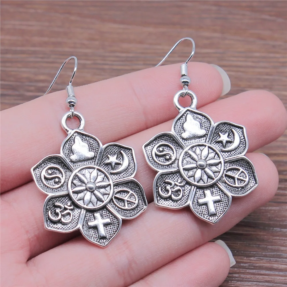 

Модные Винтажные серьги ручной работы в античном стиле серебряного цвета с крестом Будды Ом Taoist Peace кулон с Исламской символикой