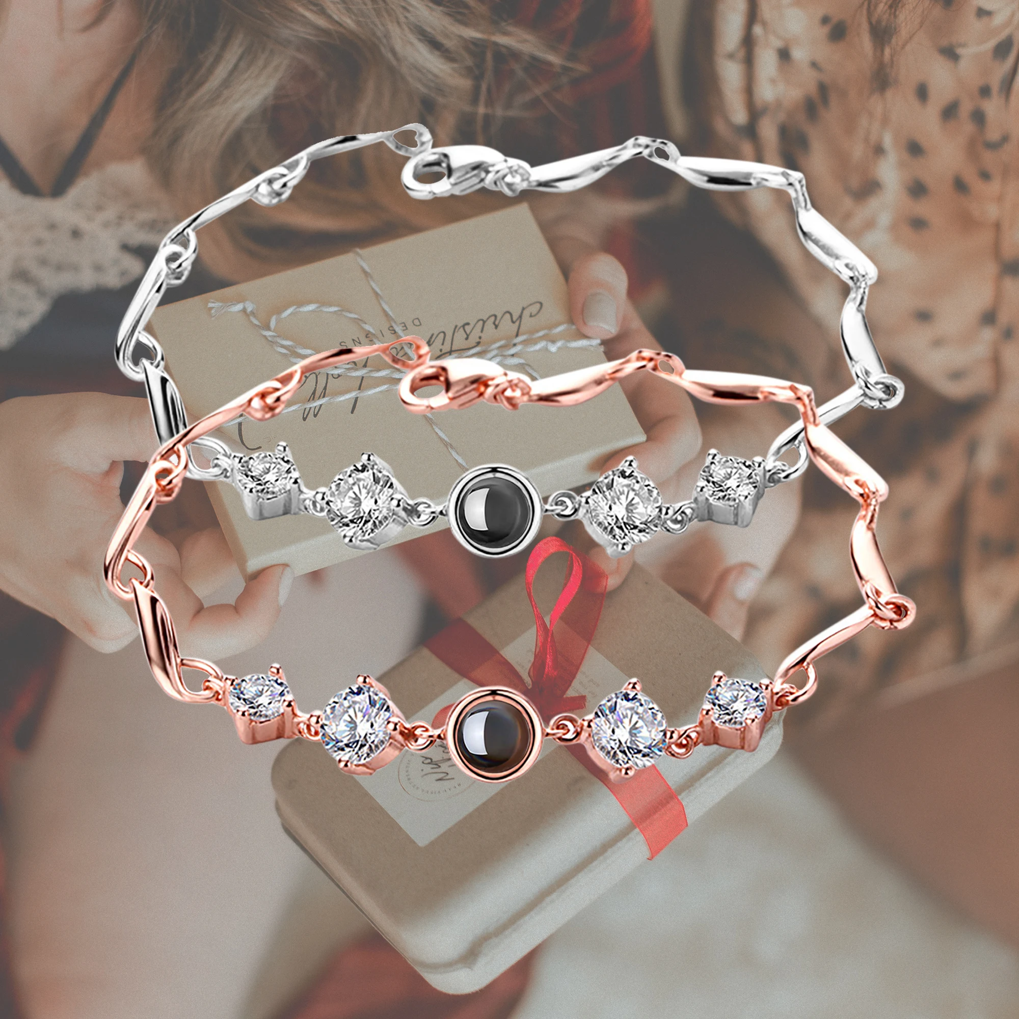 Custom photo Projection Bracelet Jewelry with Silver/Rose Gold Color Personalized Couple Bangles Gift Jewelry for Men Women