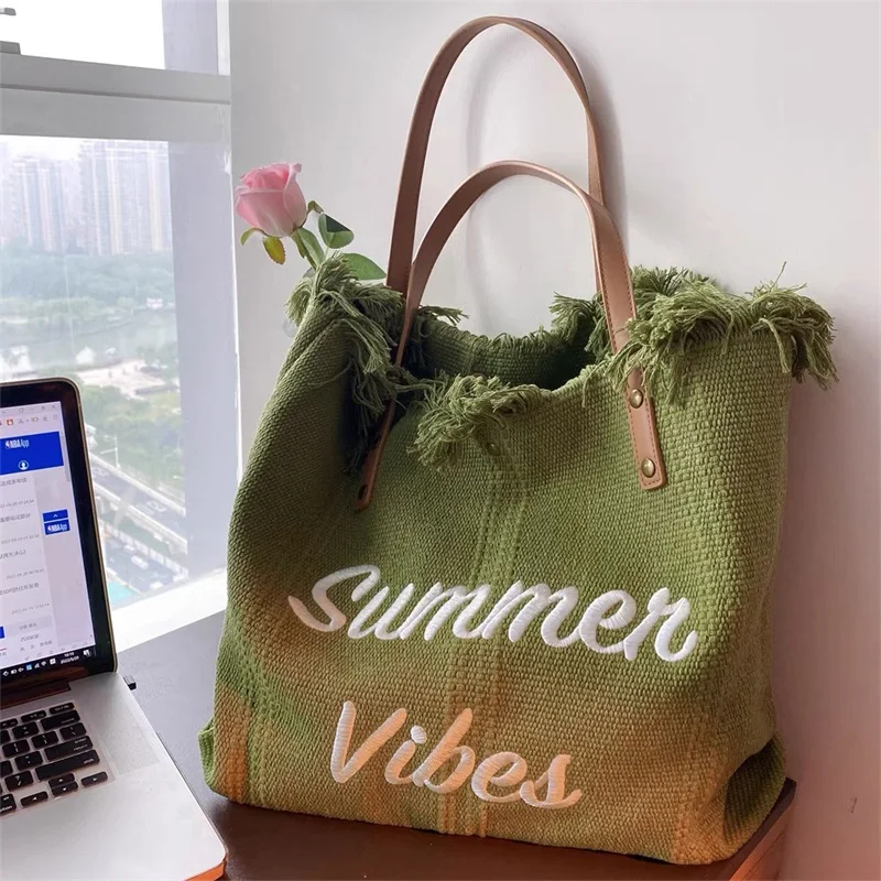 

4 Colors Women Vacation Style Shoulder Bag Large Capacity Summer Beach Tote Bag Letter Print Tassel Shopping Handbag for Daliy