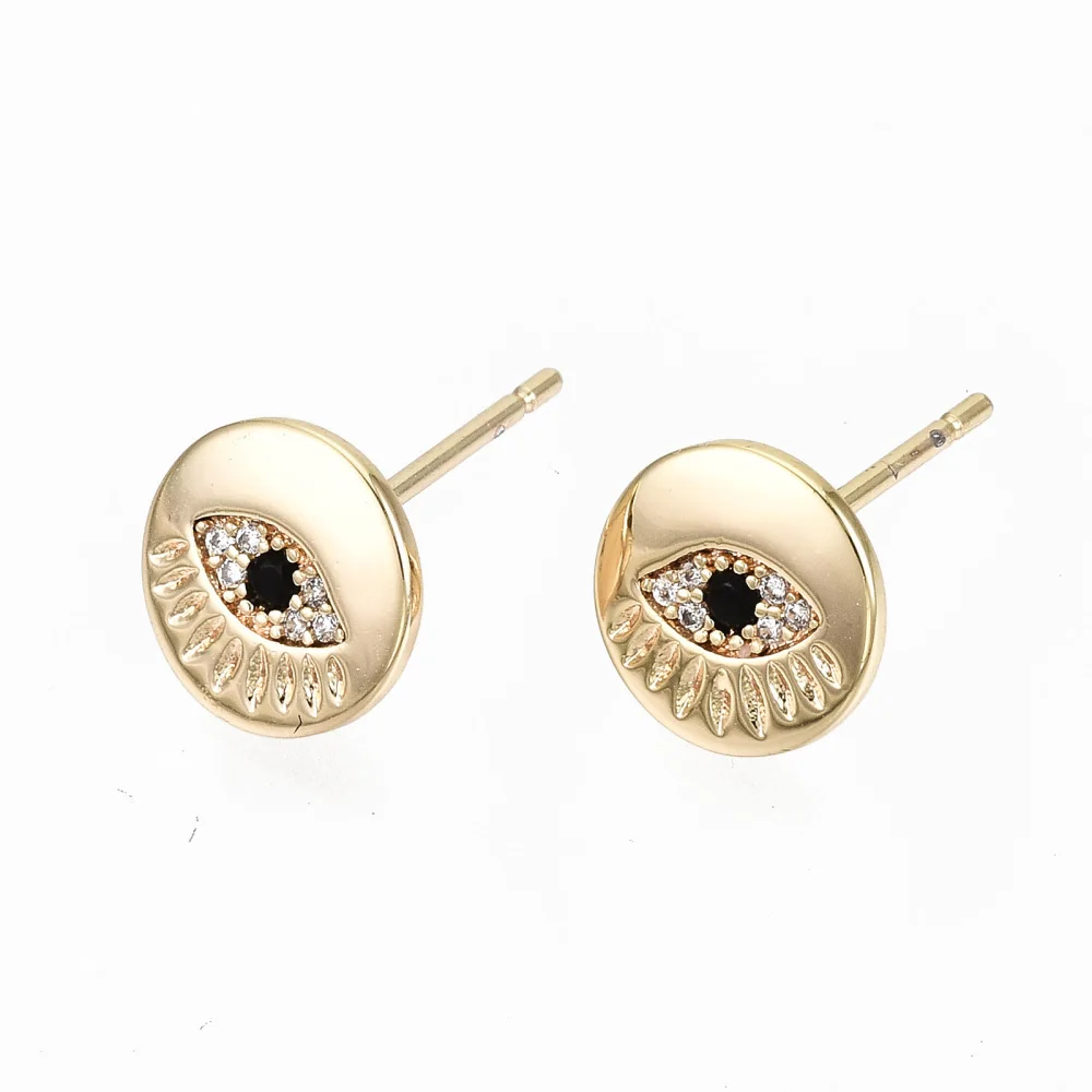 

1 Pair Brass Stud Earrings 18K Gold Plated Flat Round with Cubic Zirconia Eye Ear Studs for Women Girls Unique Jewelry Making