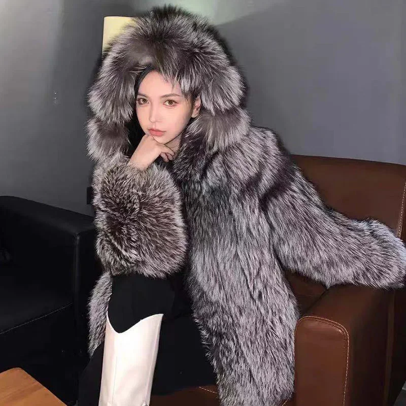

Winter New Fur Coat Women's Fox Hair Hooded Warm Coat