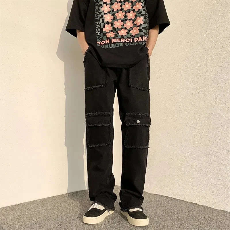 European American High Street Men Jeans Hip Hop Oversized Straight Cargo Mens Simple Solid Streetwear Big Pockets Denim Pants