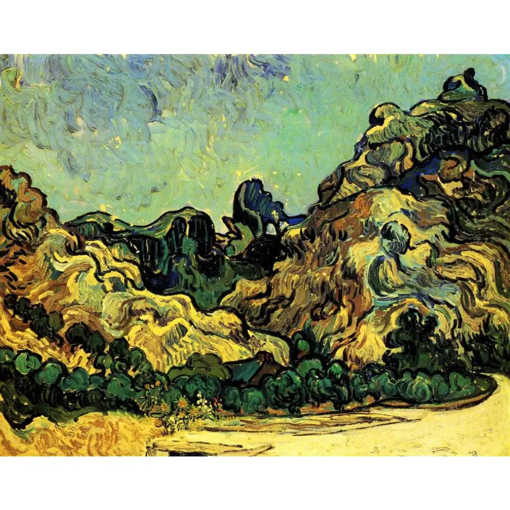 

High quality Vincent Van Gogh modern art Mountains at Saint-Remy with Dark Cottage Oil paintings reproduction hand painted
