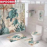 3D Funny Shower Curtains Ocean Sea Turtle Seagrass Starfish Pattern Bathroom Set Pedestal Rugs Bath Mat Toilet Non-slip Carpet