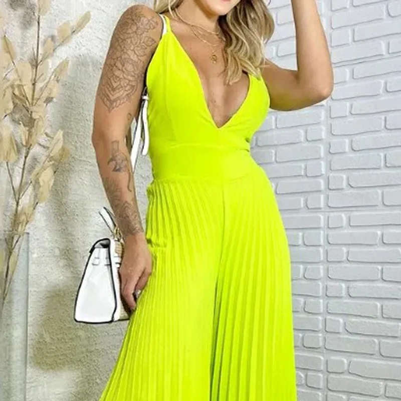 Summer Casual Suspenders Long Jumpsuit Women Sexy Fashion Solid V-Neck Sleeveless Pleated Wide Leg Jumpsuit Casual Streetwear