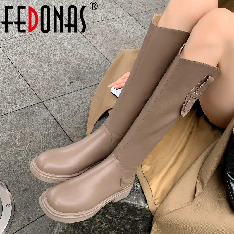 

FEDONAS Cool Fashion Women Knee High Boots Low Heels Genuine Leather Back Zipper Long Boots Autumn Winter Casual Shoes Woman