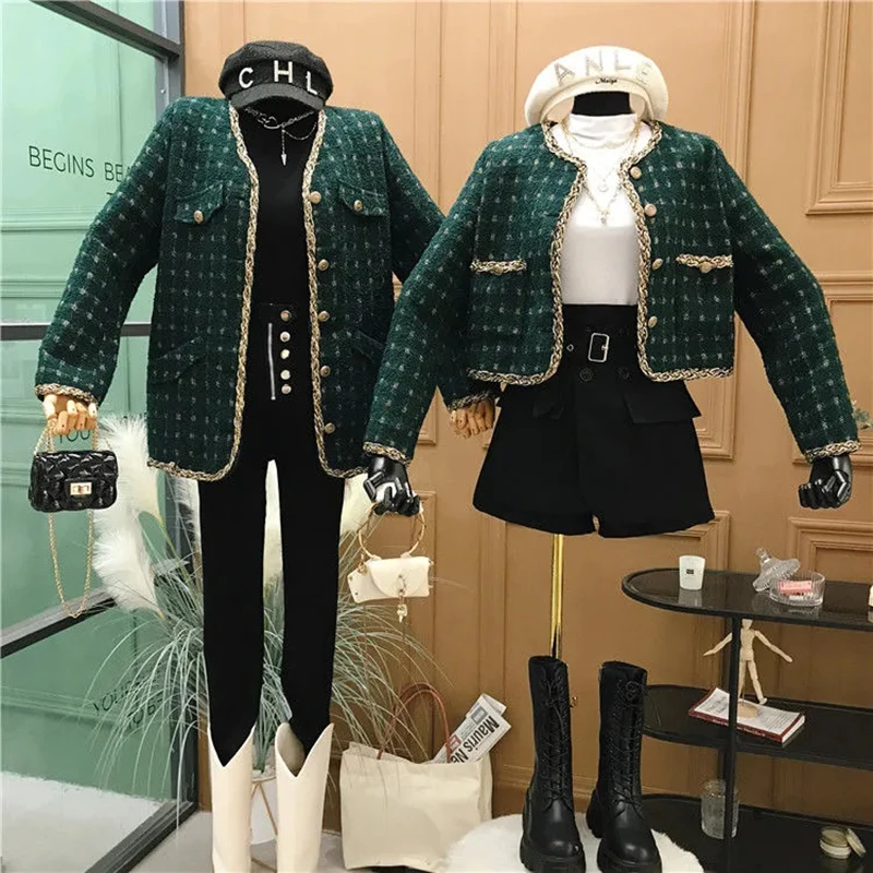 

Women Short And Regular Jacket Plaid Tweed Vintage Female Outerwear O-Neck Single Breasted Autumn Elegant Fashion Lady Coat Top