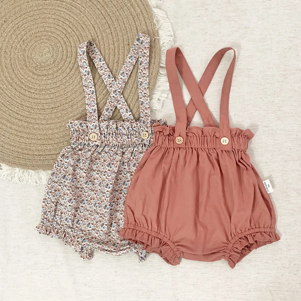 

Cotton Baby Girls Overalls 2022 Spring Summer Toddler Kids Floral Bread Ruffle Waist Shorts Cute Little Girls Strap Pant Spodnie