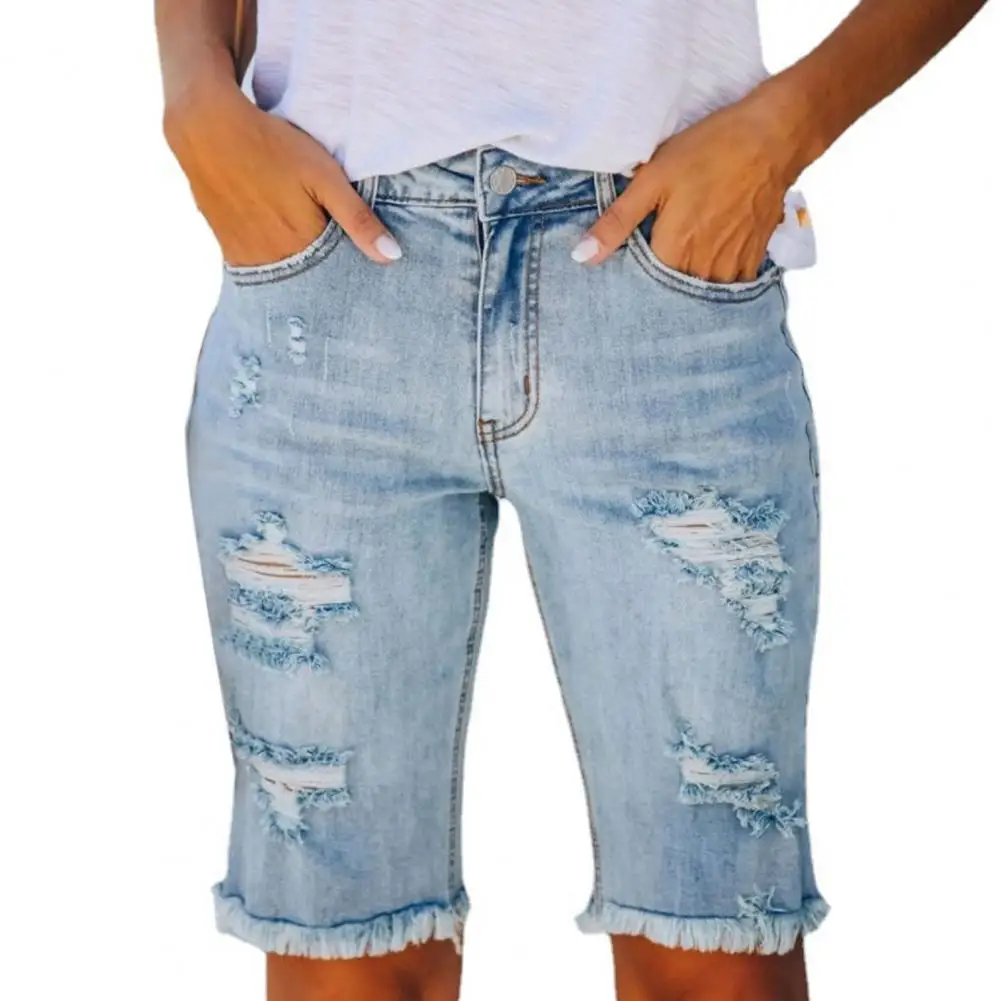 

pantalones de mujer 2022 Denim Shorts Woman Fashion Solid Color Ripped Summer Burr Edge Knee Length Jeans Shorts for Daily Wear