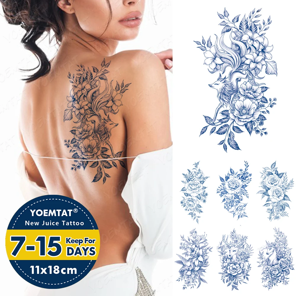 Semi-Permanent Waterproof Temporary Tattoo Sticker Peony Rose Lily Flower Fox Ink Flash Tattoos Women Body Art Herbal Fake Tatto