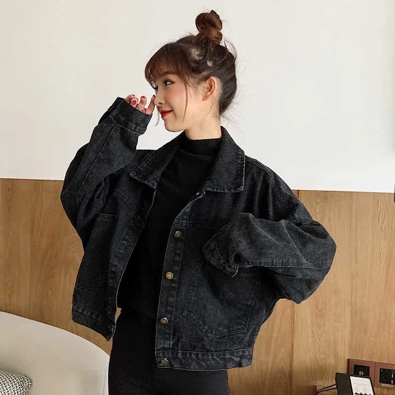 

Black Denim Short Jackets Women Loose Single Breasted Button Pockets Korean Style Chic Retro Harajuku Casual Streetwear Womens