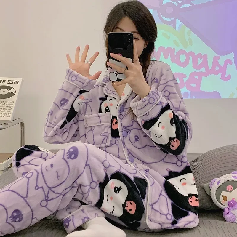 

Sanrio Hello Kitty Winter Coral Flannel Pyjamas Kuromi My Melody Cute Ladies Cardigan Lapel Thickened Flannel Homewear Suit