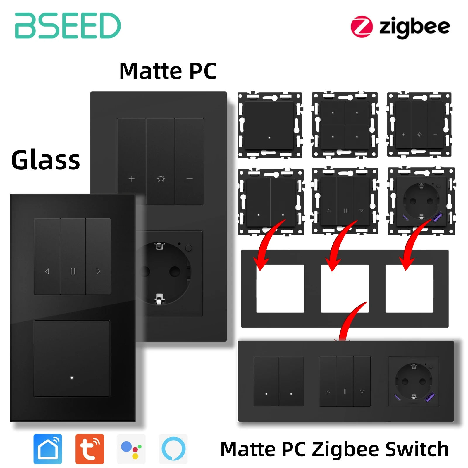 BSEED Zigbee 1234-канальные умные выключатели для светильников, штор и жалюзи, диммеры, механические кнопки, розетки, детали для самостоятельной сборки USBC, пластиковые рамки (art.: 3920db04da89c) - 3920db04da89c
