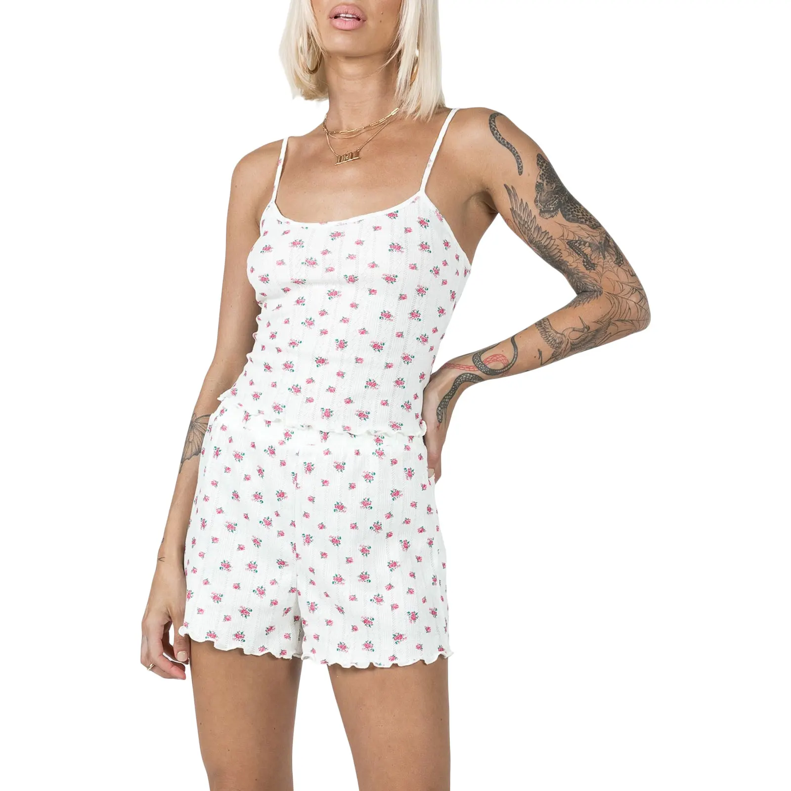

Combhasaki Women's 2000s Y2K Summer 2PCS Ruffled Outfit Sets Sleeveless Backless Floral Camisole + Elastic High Waist Shorts