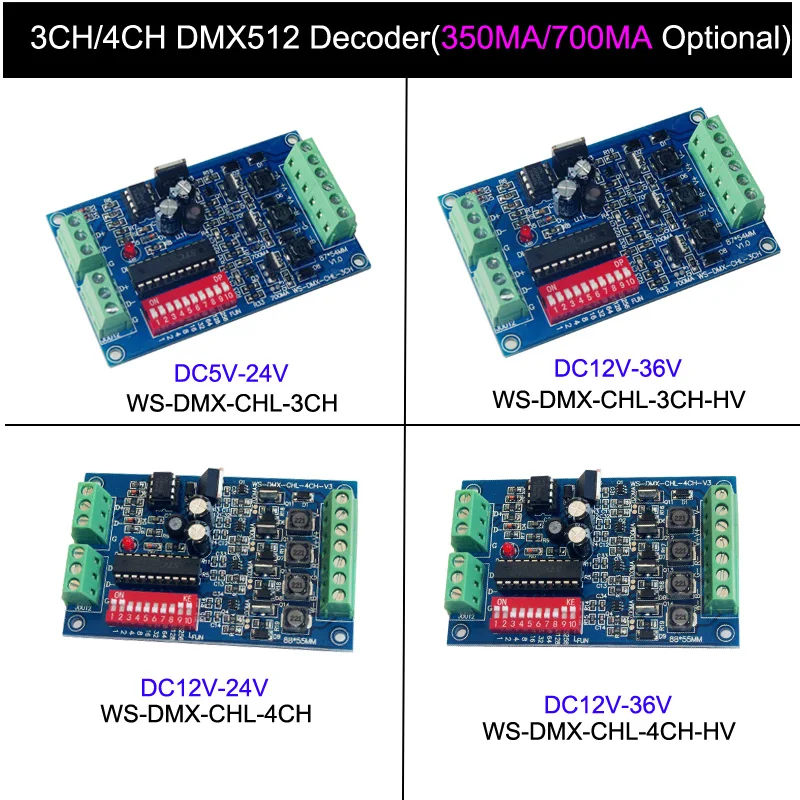 

Constant Current 3CH 4CH DMX512 Decoder RGB RGBW LED Controller 350MA/700MA DMX Dimmer 5V 12V 24V 36V For LED Light / Lamp bead