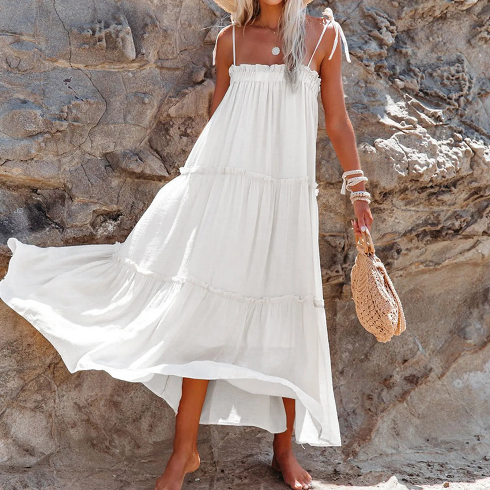 

Платье женское длинное без рукавов, модный пляжный сарафан в винтажном стиле, простой хлопковый Повседневный свободный сарафан на бретелях-спагетти, на лето