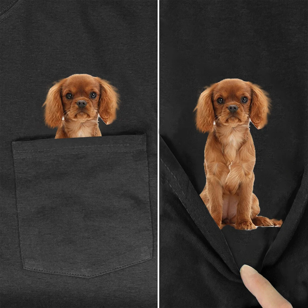 

CLOOCL 100% Cotton T-shirts Fashion Brown King Charles Dog Pocket Tops Hip Hop Tees O-neck Short Sleeve Woman Tshirts