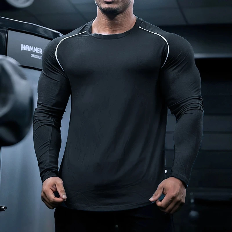

2022 New Men Long Sleeve Shirts Quick Dry Bodybuilding for Men Workout Gym Fitness Casual joggingT Shirt Undershirts