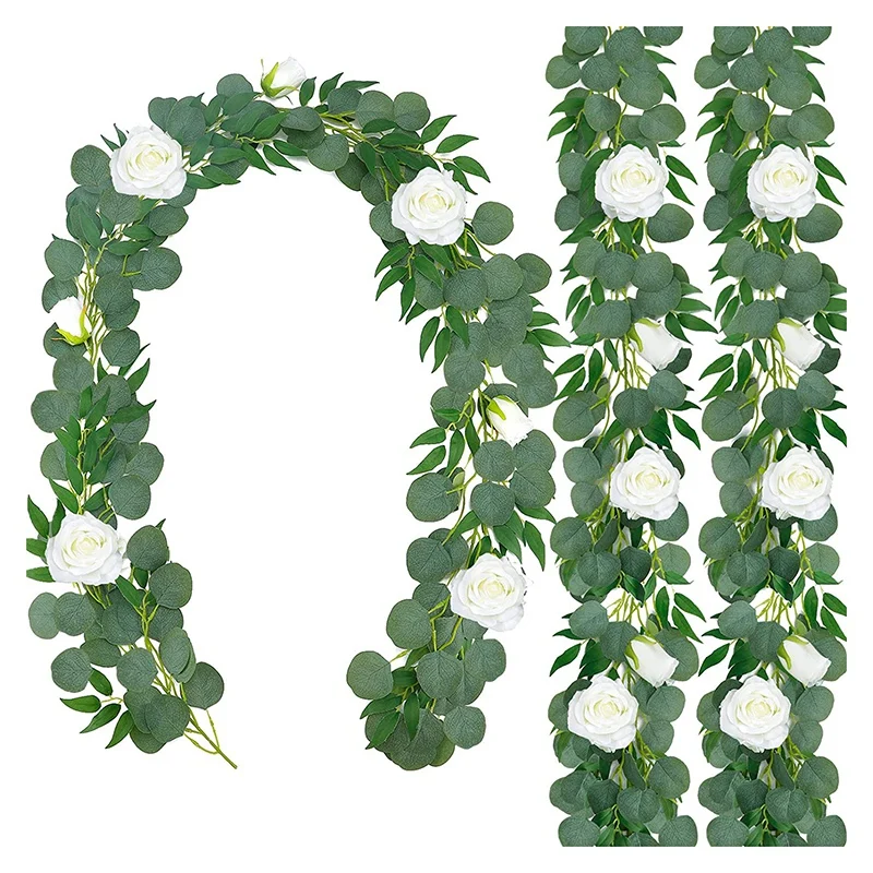 

3-Pack Artificial Eucalyptus Garland with Flowers, Greenery Garland Eucalyptus Leaves, Faux Silver Dollar Greenery
