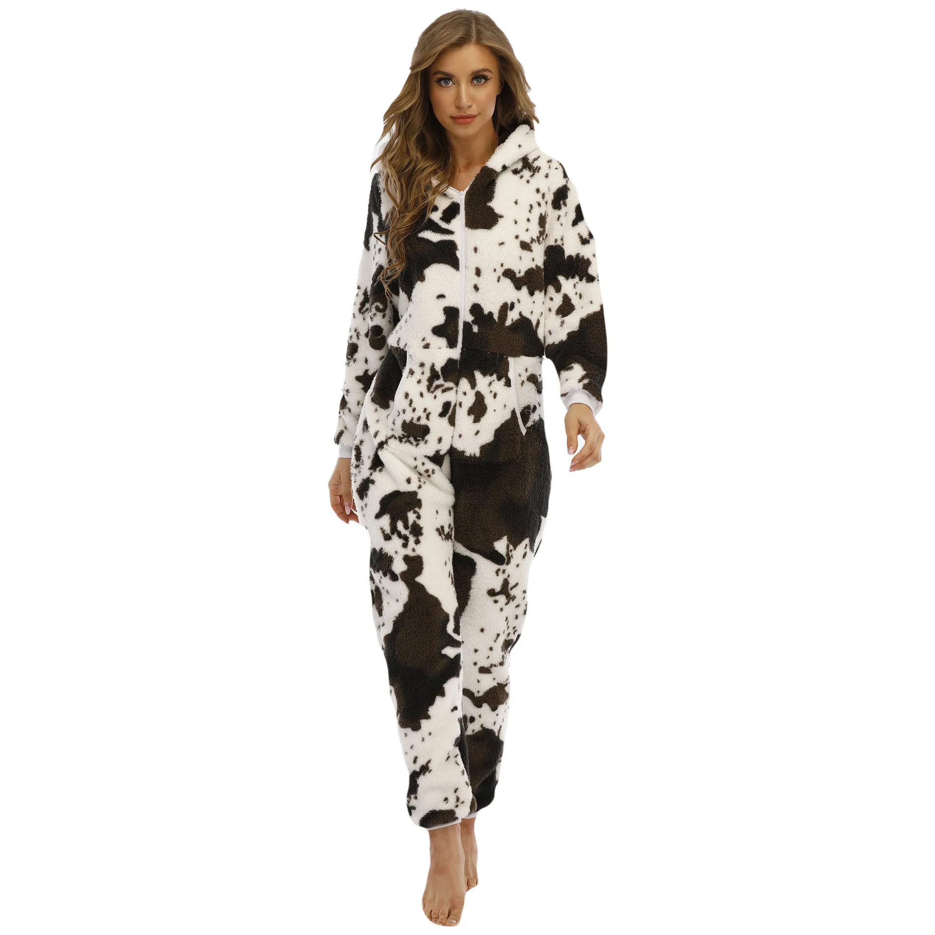 Onezie for Women Pajamas Cow Tie Dye Thickened Zipper Fleece Ear One Piece Homewear Onesie Pajama Woman Sleepwear Jumpsuits