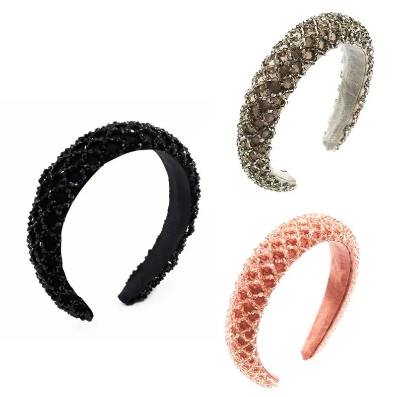 

Korean Womens Thick Sponge Padded Headband Rhombus Faux Crystal Glass Beads Hair Hoop Handmade Weave Solid Color Jewelry Crown