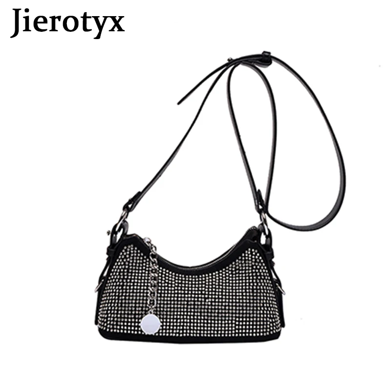 Купи JIEROTYX Sexy Rhinestone Underarm Bags for Women Sparkling Crystal Canvas Top Handles Handbag Shoulder Bag with Chains за 959 рублей в магазине AliExpress