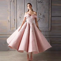 new vintage blush ankle length lace prom party dresses pink strapless off shoulder sleeves wedding guest gowns appliqued 2022