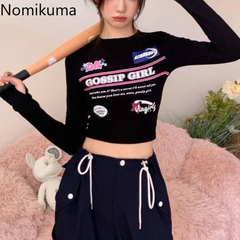 

Женская туника с круглым вырезом и длинным рукавом, Повседневная футболка в стиле Харадзюку, укороченный топ, модная футболка в Корейском стиле с граффити, Y2k, 2023